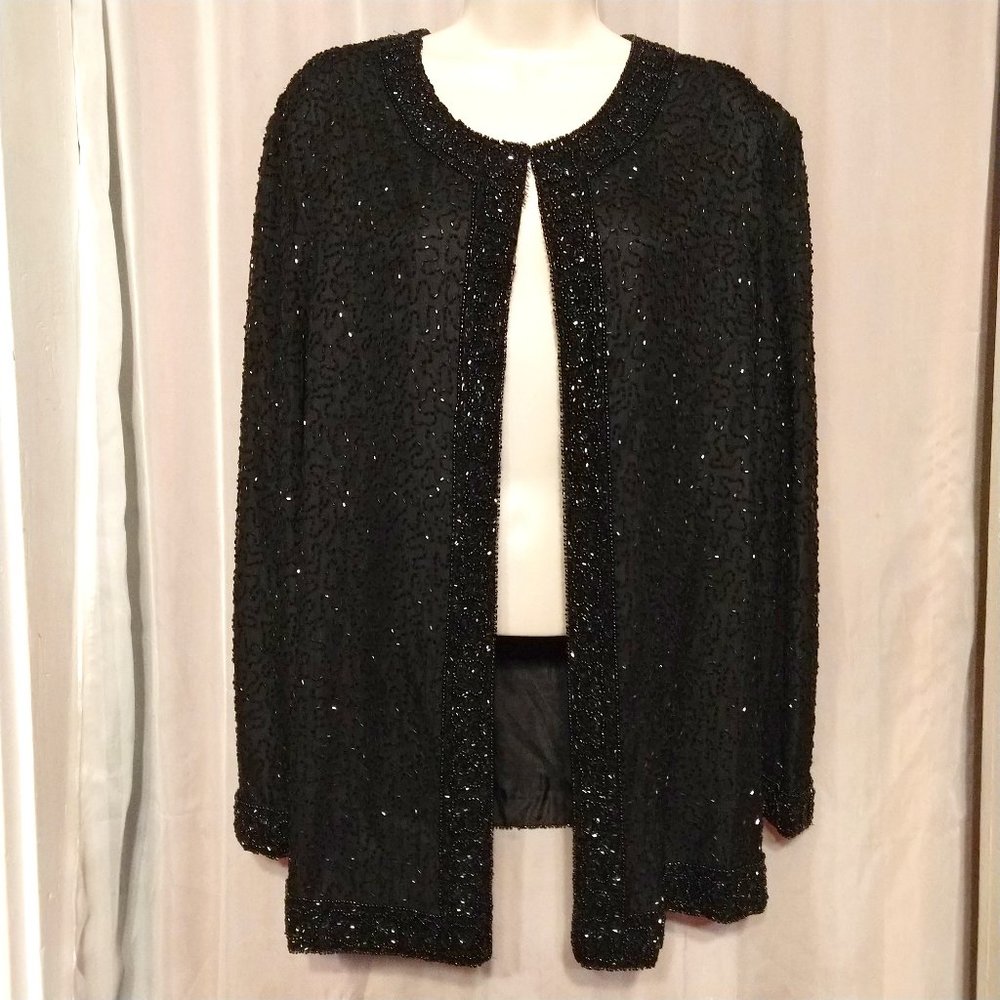 STUNNING! Laurence Kazar Dressy Black Beaded Jacket HEAVY! Large?